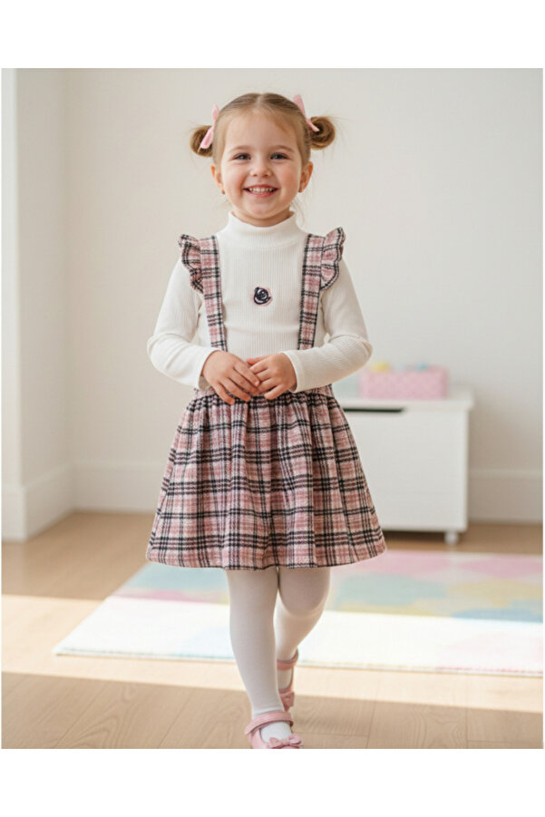Ege Bebek Kız Çocuk 4-5-6-7-8 Yaş Oduncu Kumaş Salopetli Badili 2 Parça Takım, Ekose Desenli Elbise