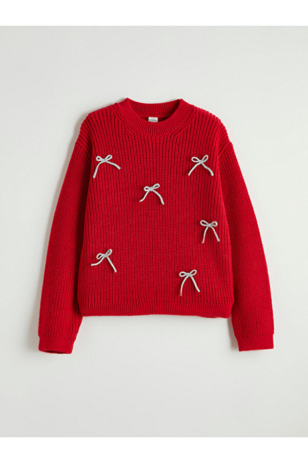 LC Waikiki Kırmızı Bisiklet Yaka Fiyonk Detaylı Kız Çocuk Triko Kazak