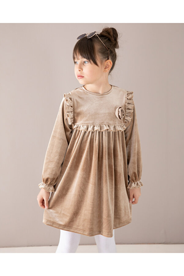 Ege Bebek Kız Çocuk 4-5-6-7-8 Yaş Mevsimlik Gül Detaylı Kadife Elbise, Bayramlık Elbise R2428