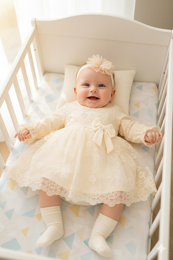 Miniday Baby Kız Bebek Mevlütlük Elbise Bandanalı Dantelli Yeni doğan Hastane çıkışı Gelinlik Abiye Mevlitlik 31