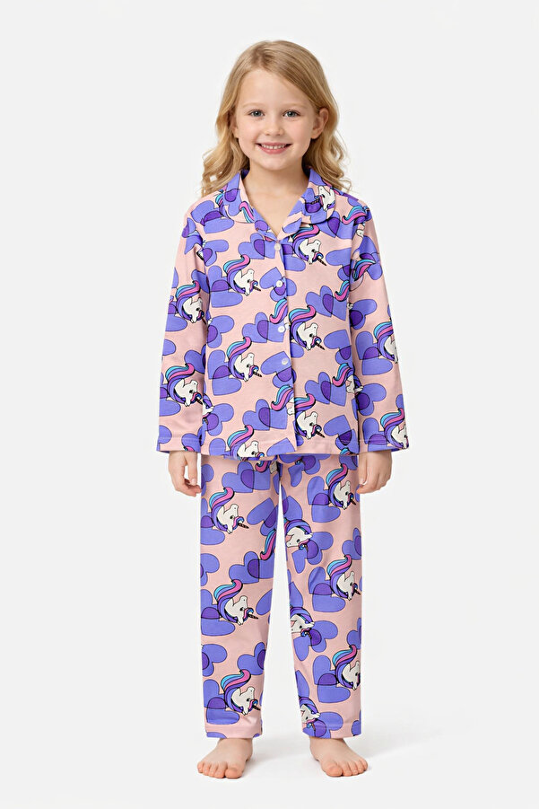 Beka Kids Desenli Uzun Kollu Önden Düğmeli Gömlek Yaka Kız Çocuk Pijama Takımı %100 Pamuklu Ve Göz BandI