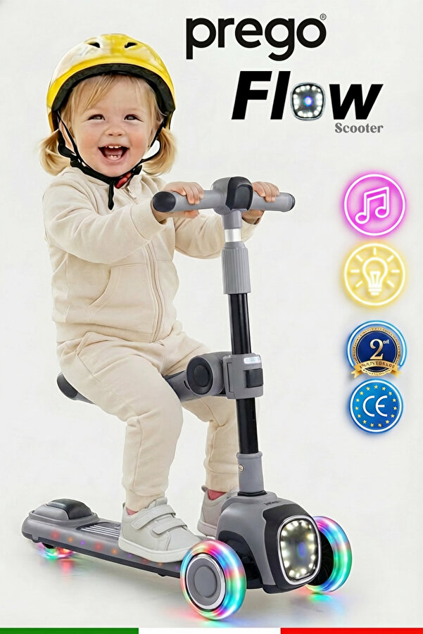 Prego Flow Müzikli Işıklı Oturaklı Çocuk Scooter Katlanabilir - Yükseklik Ayarlı