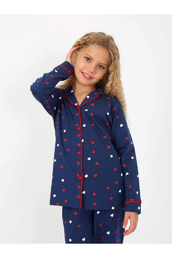 vitmo Kız Çocuk Uzun Kollu %100 Pamuklu Düğmeli Pijama Takımı Lovely