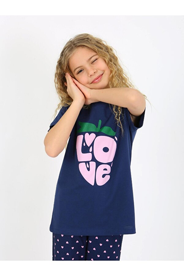 vitmo Kız Çocuk Kısa Kollu %100 Pamuklu Pijama Takımı Cute Love