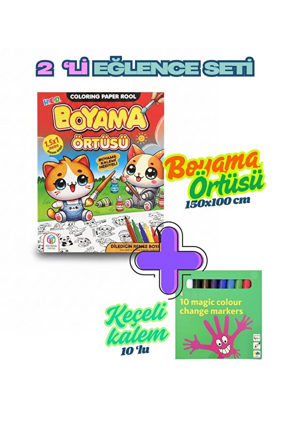 YUPULU Boyama Örtüsü ve keçeli kalem ile 2'li Set Eğitici Oyun Halısı matı 150 x 100 cm