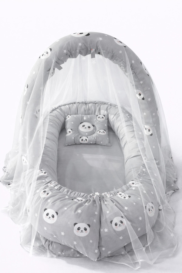 Jaju Baby Babynest Gri Panda Cibinlik Tüllü Ve Oyuncak Askılı Organik Jaju Babynest Anne Yanı Bebek Yatağı