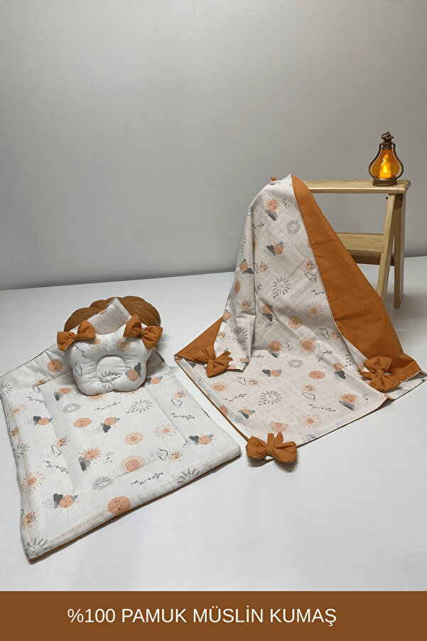 Happy Baby Dikiş Atölyesi Fiyonk Detaylı 3'lü Taşınabilir Alt Açma Seti Bebek Bakım Minderi Müslin Pamuklu Kumaş Yenidoğan