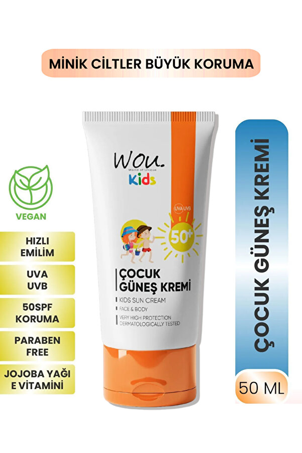 WOU World of Unique KIDS Yüksek Koruma Etkili SPF50+ Çocuk Güneş Kremi 50ml