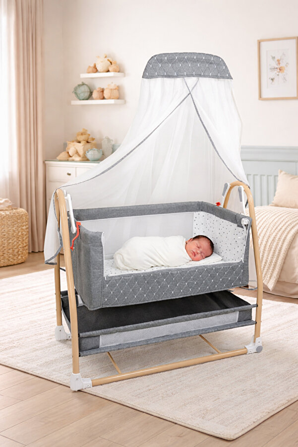 Tommybaby Royal Anne Yanı Beşik Tüllü Sepet Beşik Sallanabilir Bebek Beşiği Anne Yanı Beşik