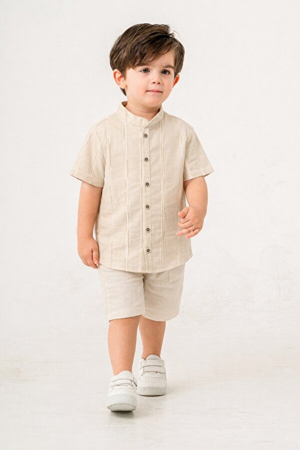 Chicsy Baby Tarz Gömlekli Çizgili Belden Ayarlanabilir Kısa Kollu Şortlu 2'li Takım Çocuk ve Bebek Giyim Özel Gü