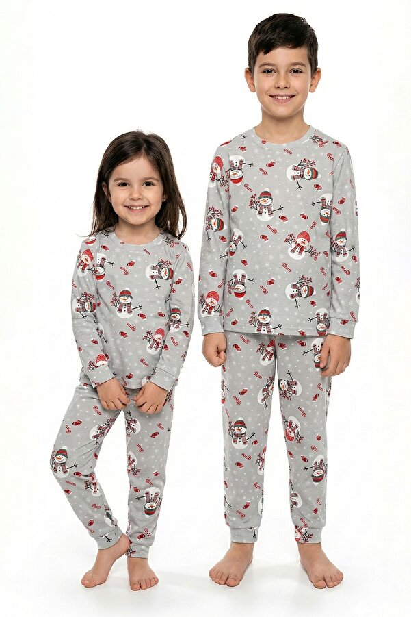 zuzunga Unisex Yılbaşı Temalı Cute Kardan Adam Desenli Çocuk Pijama Takımı