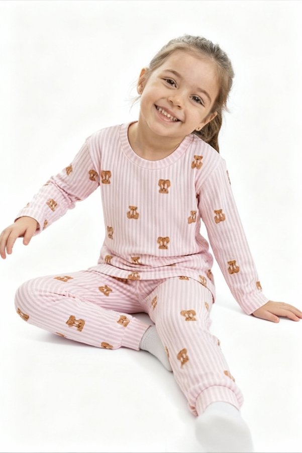 çamaşır bahçesi kendinize iyi bakın Long Sleeve Patterned Children's Pajama Set # Printed Children's Pajama Set # Laundry Garden # Teddy Bear Pattern Pajamas
