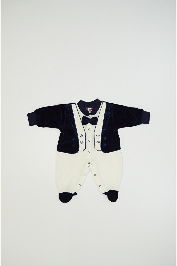 Baby Slon Kids Clup Kışlık kadife papyonlu full çıtçıt kapamalı patikli bisiklet yakalı erkek bebek tulumu