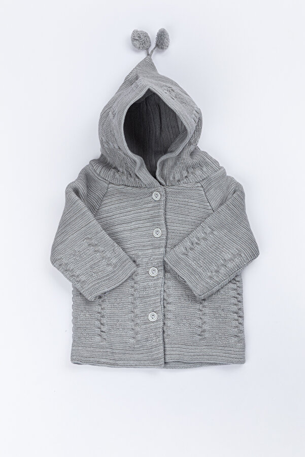 Lui Baby Yenidoğan Kapüşonlu Triko Unisex Ponponlu Bebek Hırka 0/6 Ay