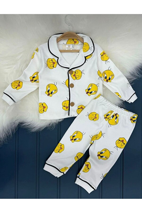 derin baby %100 Pamuklu Tweety Desenli Alt-Üst Erkek Kız Ünisex Bebek Pijama Takımı