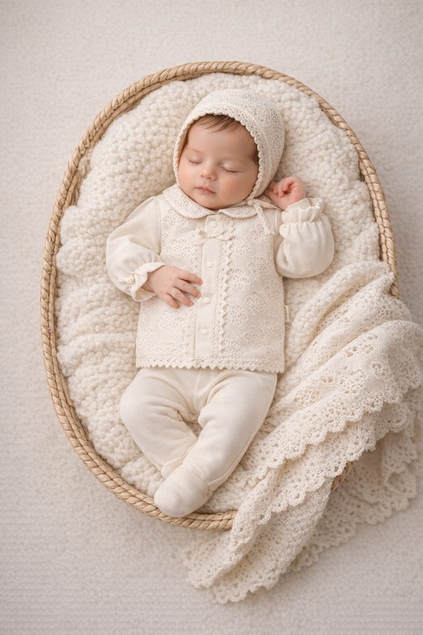 minicayzen Kız bebek hastane çıkışı dantel detaylı bej renk takım 5 parça özel tasarım