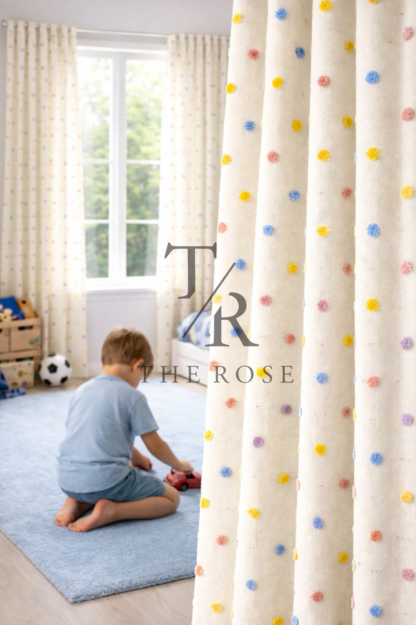 The Rose Yeni Sezon Perla Renkli Püsküllü Fon Perde, Çocuk Odası, Sık Pile, Foldet Bambu Keten, Tek Kanat