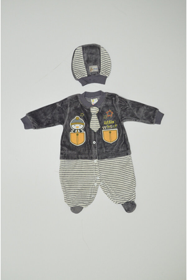 Baby Slon Kids Clup Kışlık kadife pengue nakışlı şapkalı full çıtçıt kapamalı patikli bisiklet yakalı erkek bebek tulumu