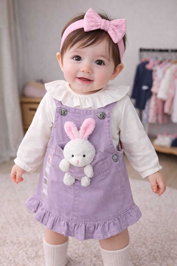 CROCODAYS Kız Çocuk Kot (JEANS) Tavşan Oyuncaklı Badili Jile Takımı (6/9/12/18) Ay