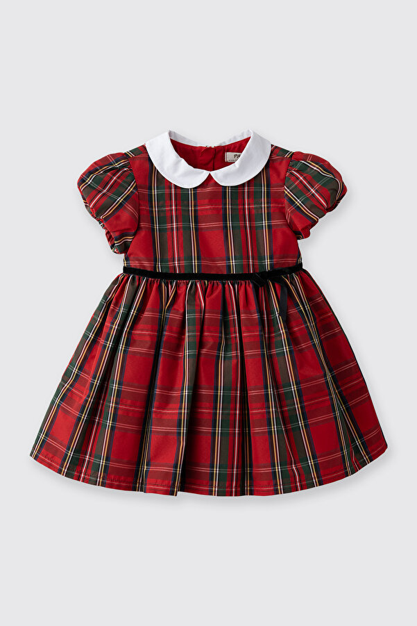 Panço Kız Bebek Bebe Yaka Fiyonk Detaylı Kısa Kollu Ekoseli Kırmızı Parti Elbisesi