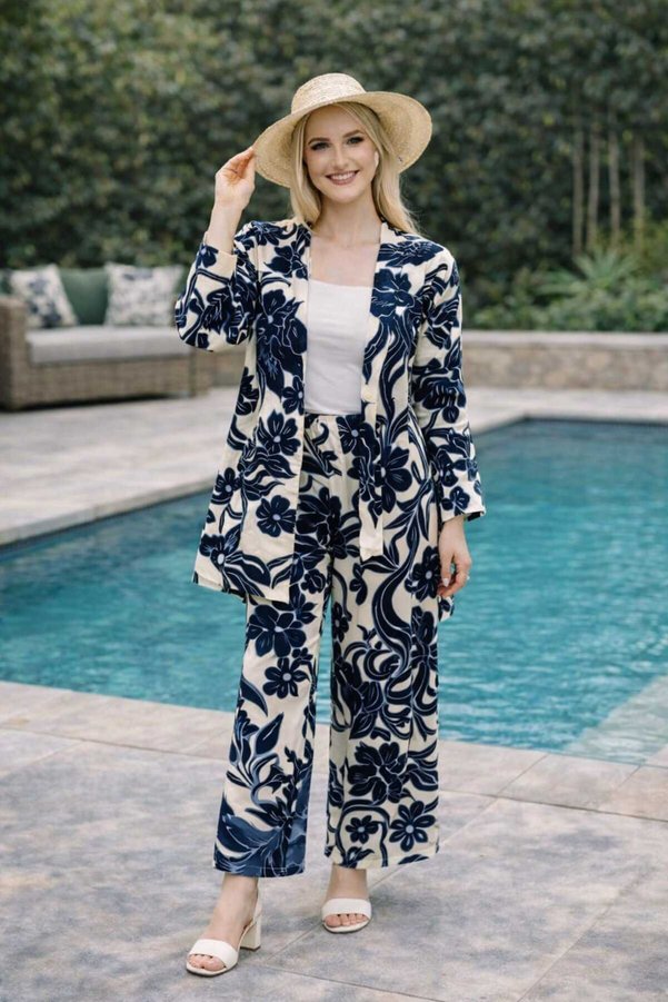 forte bella Patterned Top-Bottom Trend Kimono Set