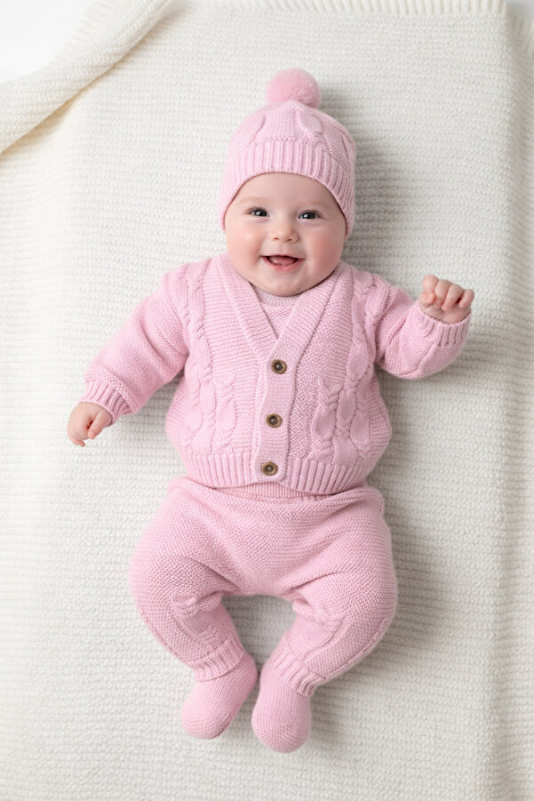 Çocuksan Baby&Kids Wear Pembe 5 Parça Kız Bebek Takım Örgülü Triko Bebek Takım