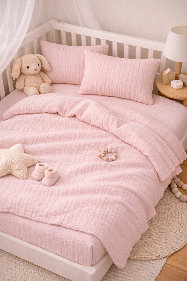 NazeninHome Müslin Bebek Nevresim Takımı %100 Pamuk ( 2 Kat ) Pudra