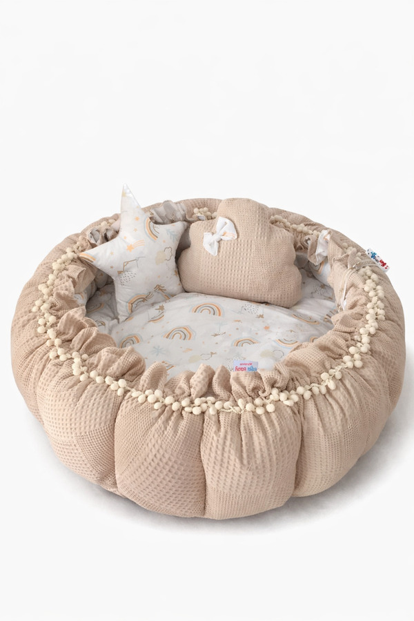 Jaju Baby Wafle Pike Ve Gökkuşağı Desenli Babynest Tasarım Açılır - Kapanır Oyun Minderi Bebek Yuvası