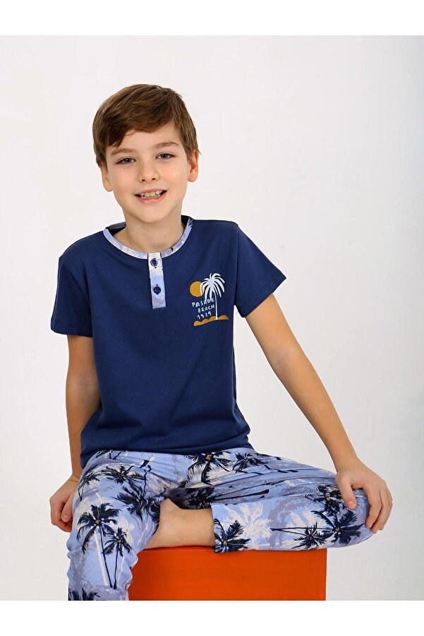vitmo Erkek Çocuk Kısa Kollu Düğme Detaylı %100 Pamuklu Pijama Takımı The Palm