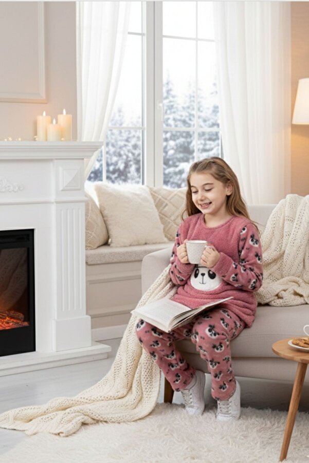 ROMEO LİFE Kız Çocuk Uzun Kollu Polar Peluş Kumaş Kışlık Sıcak Tutan Pijama Takımı 8067