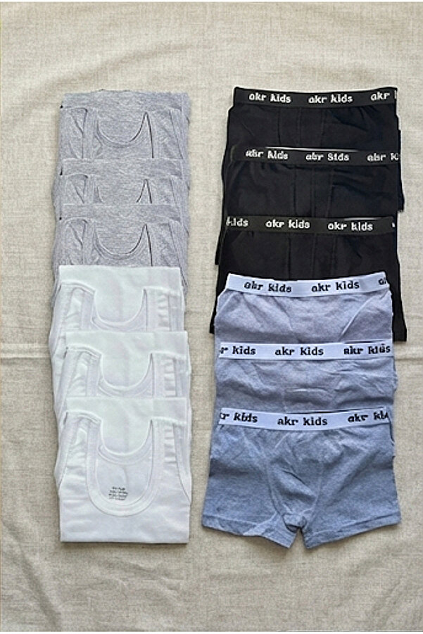 Pi Giyim 12'li Set Erkek Çocuk İç Giyim (6 Gri Beyaz Atlet + 6 Gri Siyah Boxer) Pamuklu