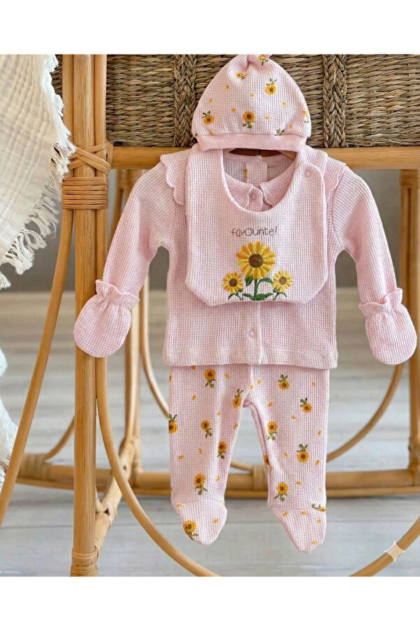 ICEFOX Kız Bebek 5 Parça Set Pamuklu Gofre Kumaş Pembe Ayçiçekli Bebe Yaka Yeni Doğan Hastane Çıkışı