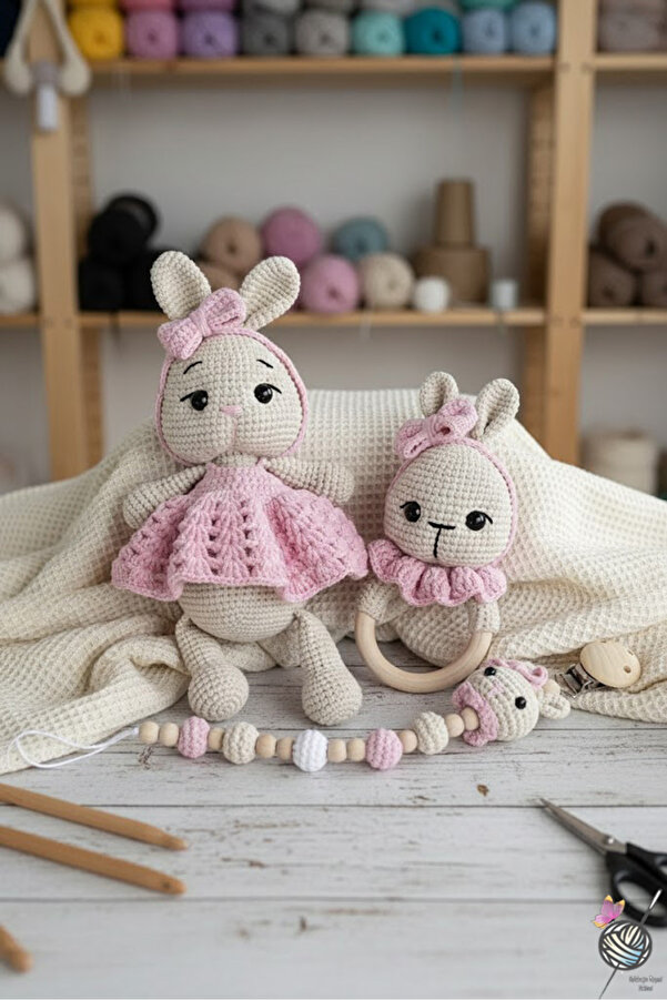 kelebeginruyasihobievi Amigurumi Yenidoğan Uyku Arkadaşı Pembe Elbiseli Tavşan , Çıngırak ve Emzik Zinciri 3'lü Set