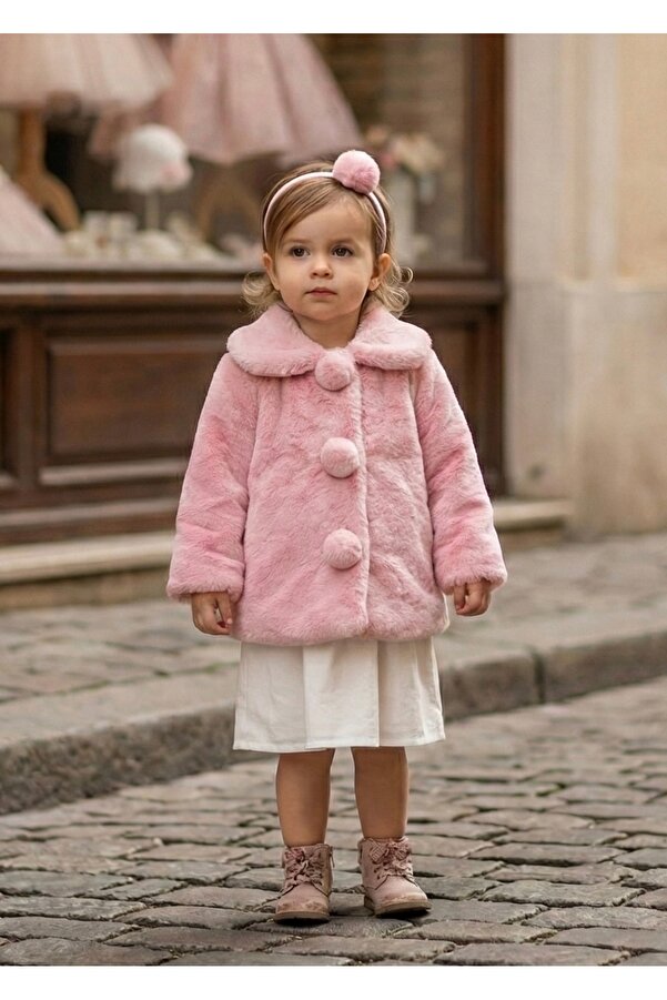 miaras baby Kız Çocuk Bandanalı Ponpon Detaylı Peluş Mont