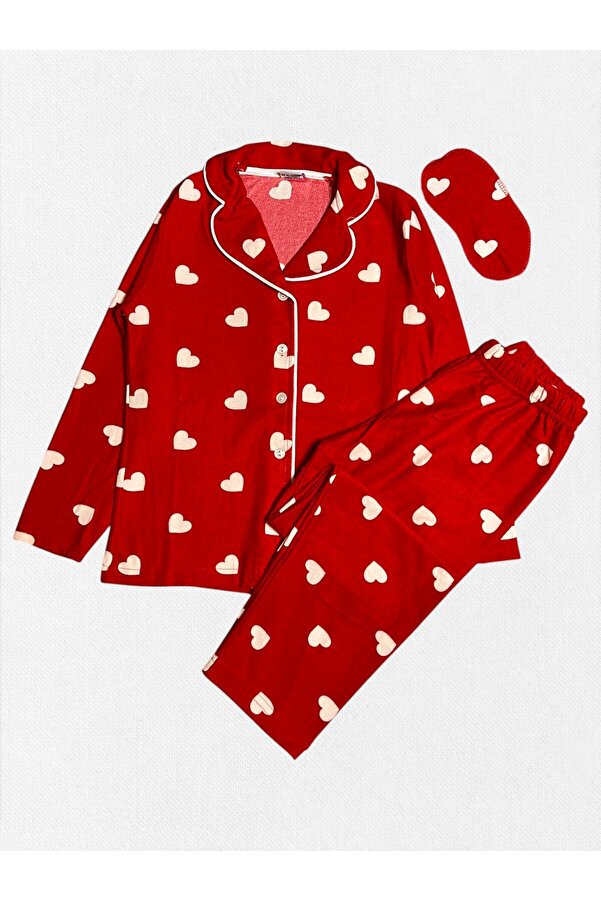 Fil Kids Kız Çocuk Pamuklu Süet Kumaş Kırmızı Kalp Desenli Gömlek Yaka Düğmeli Uzun Kollu Pijama Takımı
