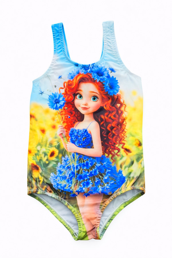 Papiş Kız Çocuk Mayo Mavi Papatya Prensesi Baskılı Desenli Rahat Hızlı Kuruyan Deniz Havuz Plaj Mayosu