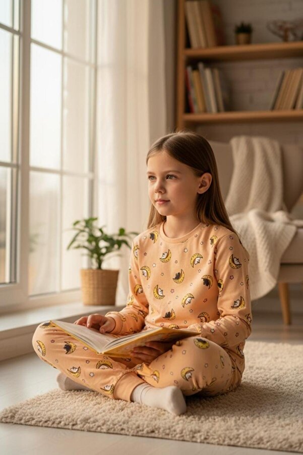 İsobel Kids KAVUNİÇİ RENK %100 PAMUK SÜPREM KUMAŞ KARIŞIK DESEN KIZ ÇOCUK PİJAMA TAKIMI