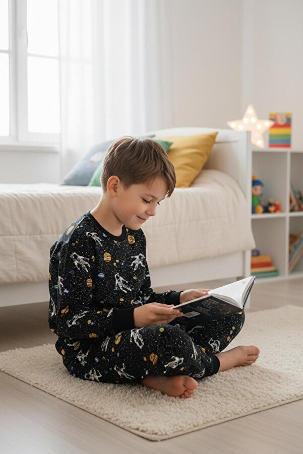 İsobel Kids SİYAH %100 PAMUK SÜPREM KUMAŞ İKİ İPLİKLİ ÇİFT CEPLİ ERKEK ÇOCUK PİJAMA TAKIMI