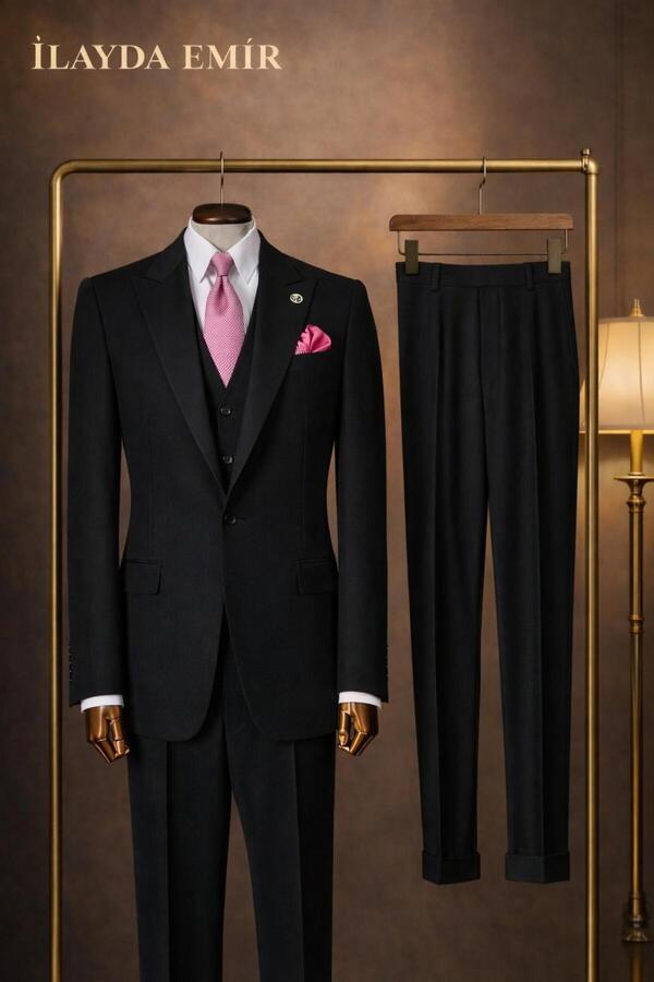 ilayda emir Cockade Collar, Balzer Style, Single-Breasted, 6 Buttons, Slim Fit, Men's Suit, Black