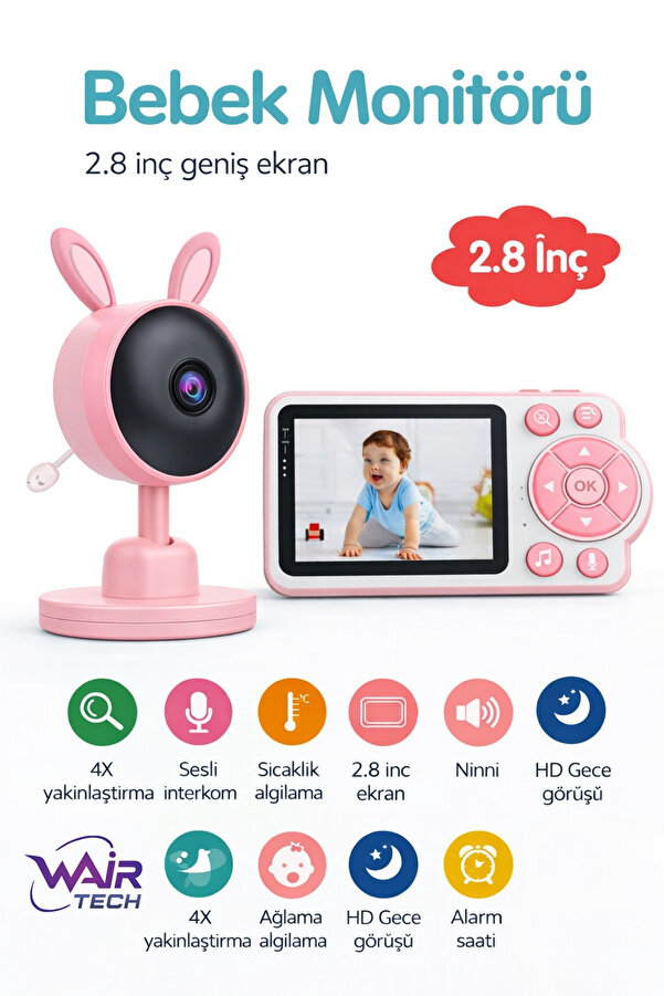 Wair Teknoloji Bebek Monitörü, Ağlama Algılama, 720P HD, Gece Görüşü, Bebek Güvenliği Video Monitörü, Çocuk Bakımı