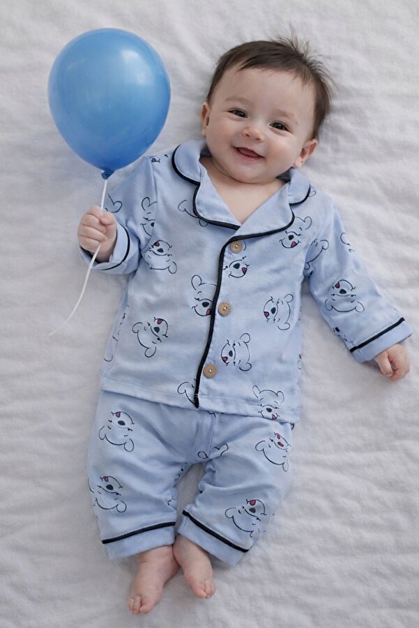 derin baby %100 Pamuklu Mavi Sevimli Ayıcıklı Alt-Üst Erkek Bebek Pijama Takımı