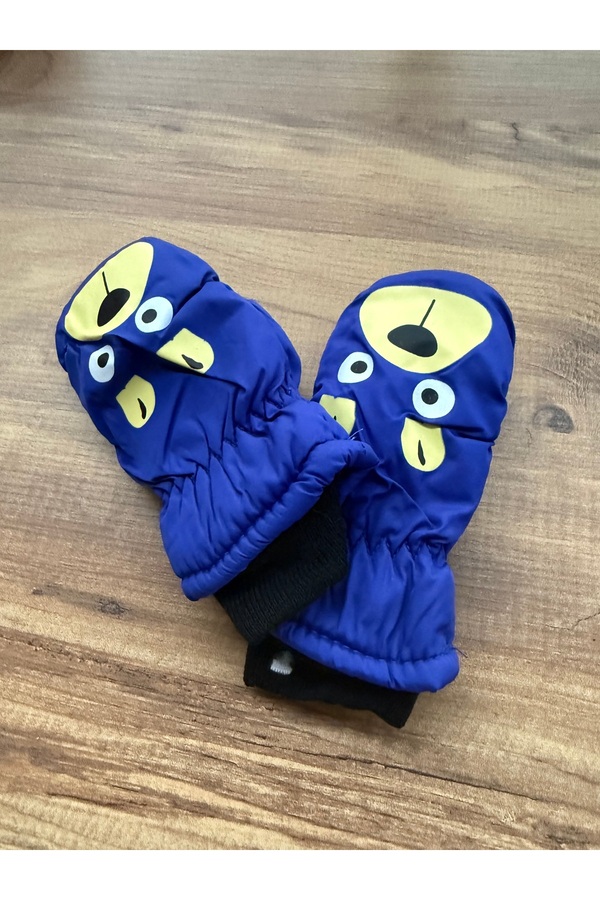 Blotch Sevimli Figür Su Geçirmez Kaliteli Lastikli Mavi İçi Polarlı Bebek Kar Eldiveni 0-24 ay