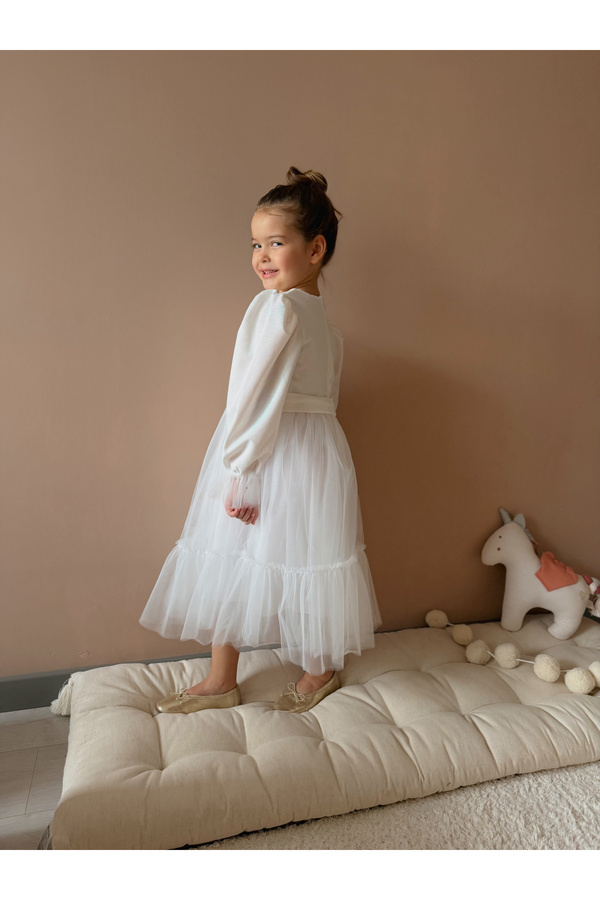 penu baby kids Beyaz Eteği Tül Fırfırlı Kemerli Kol Ucu Tül Detaylı Uzun Kol Kız Çocuk Kız Bebek Elbise