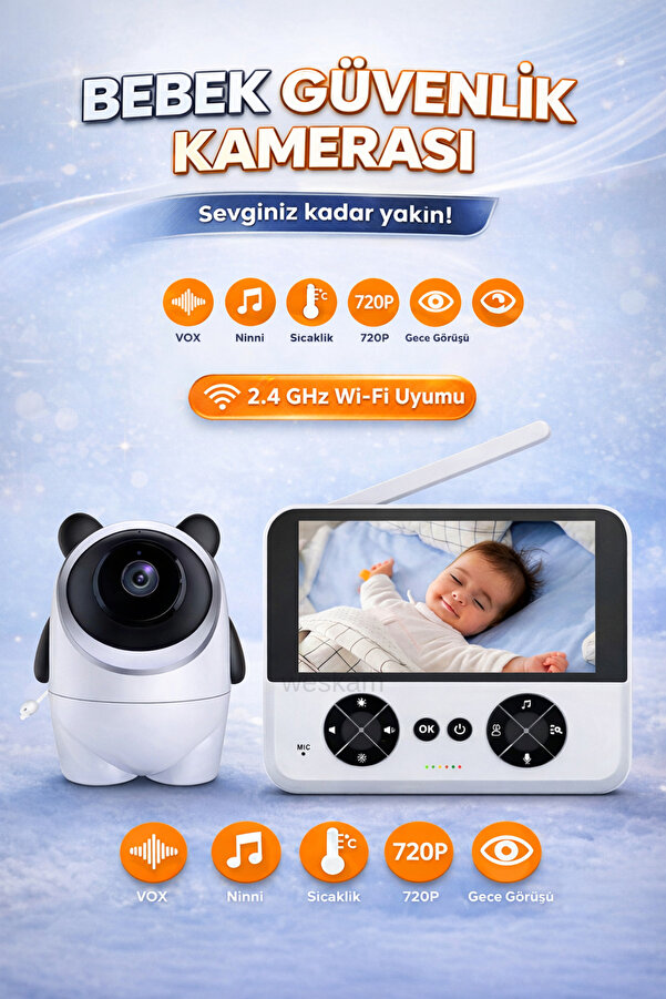 Weskam Ekranlı Bebek Kamerası Gece Görüşlü Hareketli Ip Güvenlik Kamera Monitörü Oda Sıcaklık Kontrollü