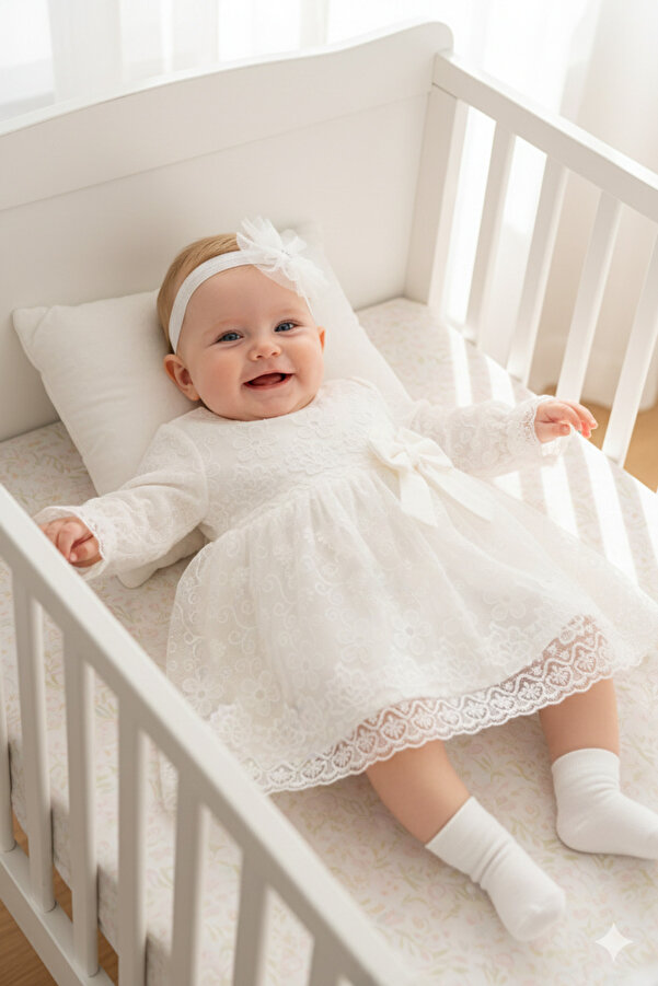 Miniday Baby Kız Bebek Mevlütlük Elbise Bandanalı Dantelli Yeni doğan Hastane çıkışı Gelinlik Abiye Mevlitlik 31