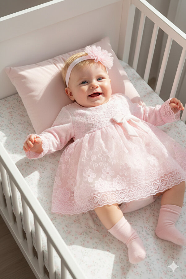 Miniday Baby Kız Bebek Mevlütlük Elbise Bandanalı Dantelli Yeni doğan Hastane çıkışı Gelinlik Abiye Mevlitlik 31