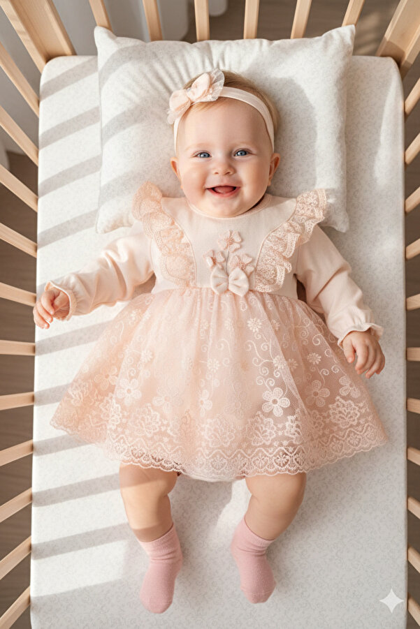 Miniday Baby Kız Bebek Mevlütlük Elbise Bandanalı Dantelli Yeni doğan Hastane çıkışı Gelinlik Abiye Mevlitlik 66