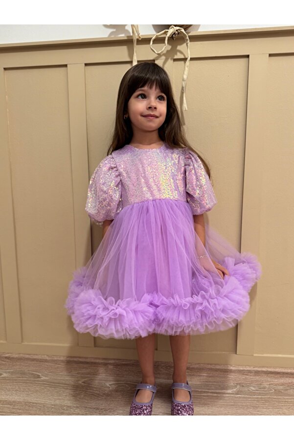 penu baby kids Lila Payetli Balon Kol Grenli Tül Etekli Kız Çocuk Kız Bebek Abiye Elbise - Terra