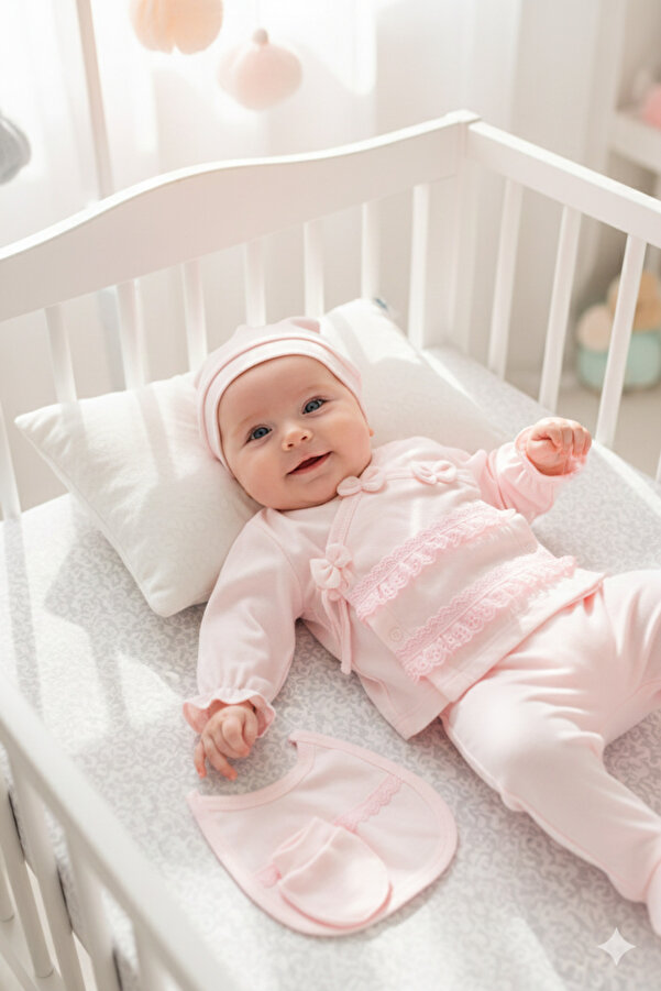 Miniday Baby Kız Bebek Mevlütlük Dantelli Hastane Çıkışı 5'li set Yeni doğan Mevlitlik % 100 Pamuk 70