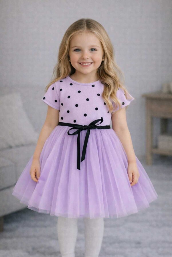 Şirin Şeyler Butiği Linda Lila Kısa Kol Kız Bebek Çocuk Prenses Kabarık Tütü Elbise Puantiyeli Esnek Likralı Kuromi Moru